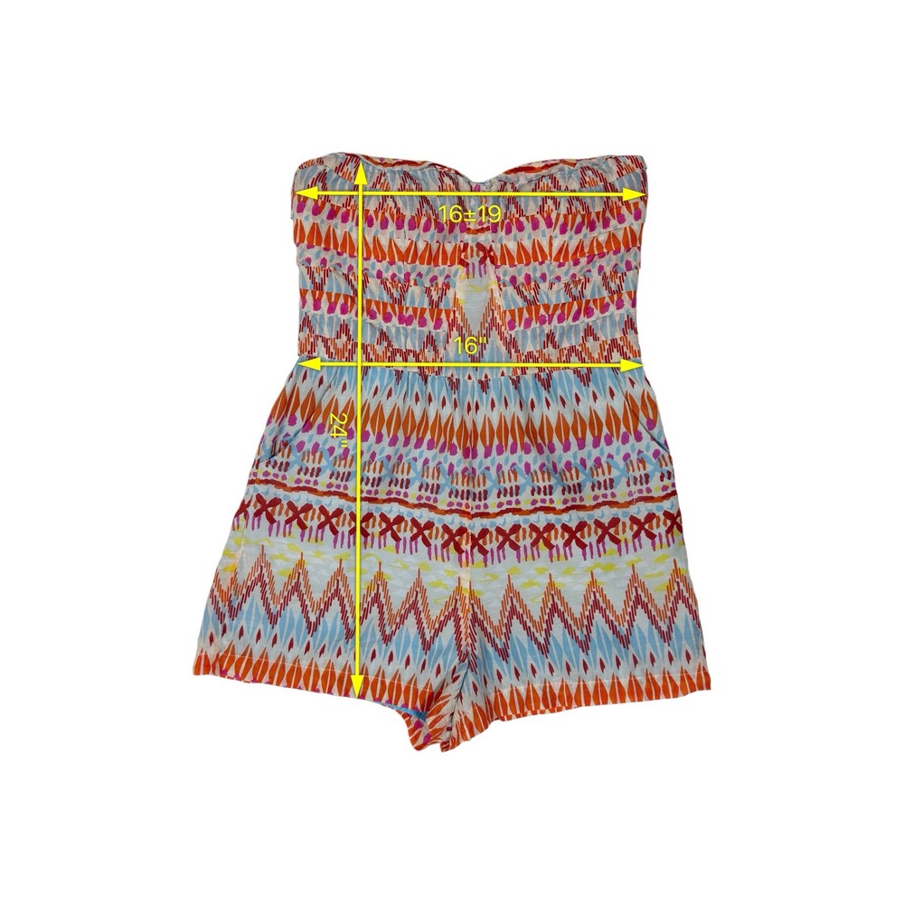 Cotton Silk Strapless Tribal Print Romper Sweetheart Neckline Orange Blue M - Picture 7 of 8